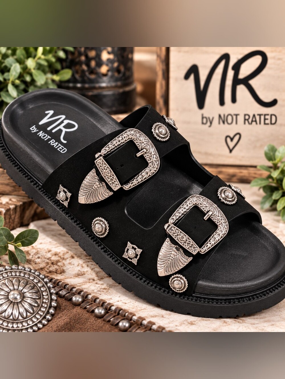 NR by Not Rated Black Western Concho Double Buckle Slide Sandals–New Without Box